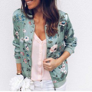 FLORAL PRINT MINT COLORED ZIP UP SPORT JACKET